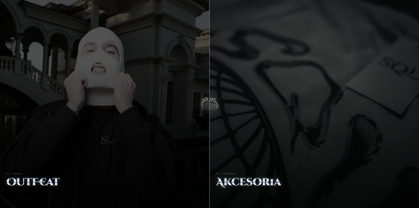 Podgląd strony squ.lv - ekran startowy marki odzieżowej z sekcjami Outfit i Akcesoria